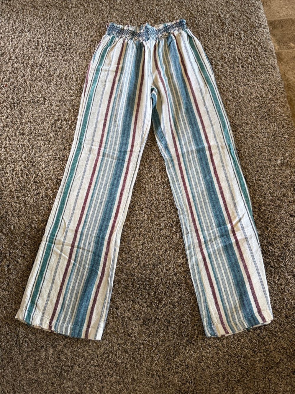 Sky and Sparrow Teal, Cream & Burgundy Striped Smocked Waist Pants